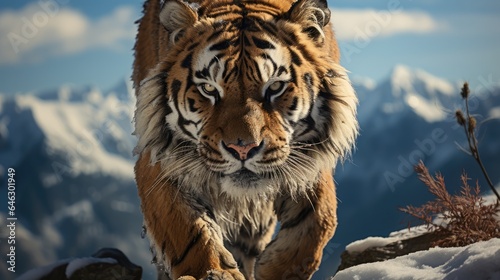 Big tiger standing on rocky mountains