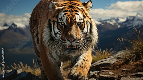 Big tiger standing on rocky mountains