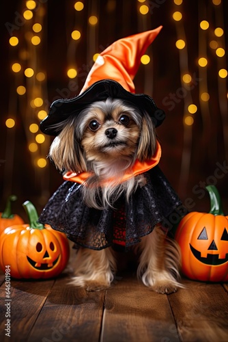Cute dog with Halloween costume. Seasonal party. Generative AI