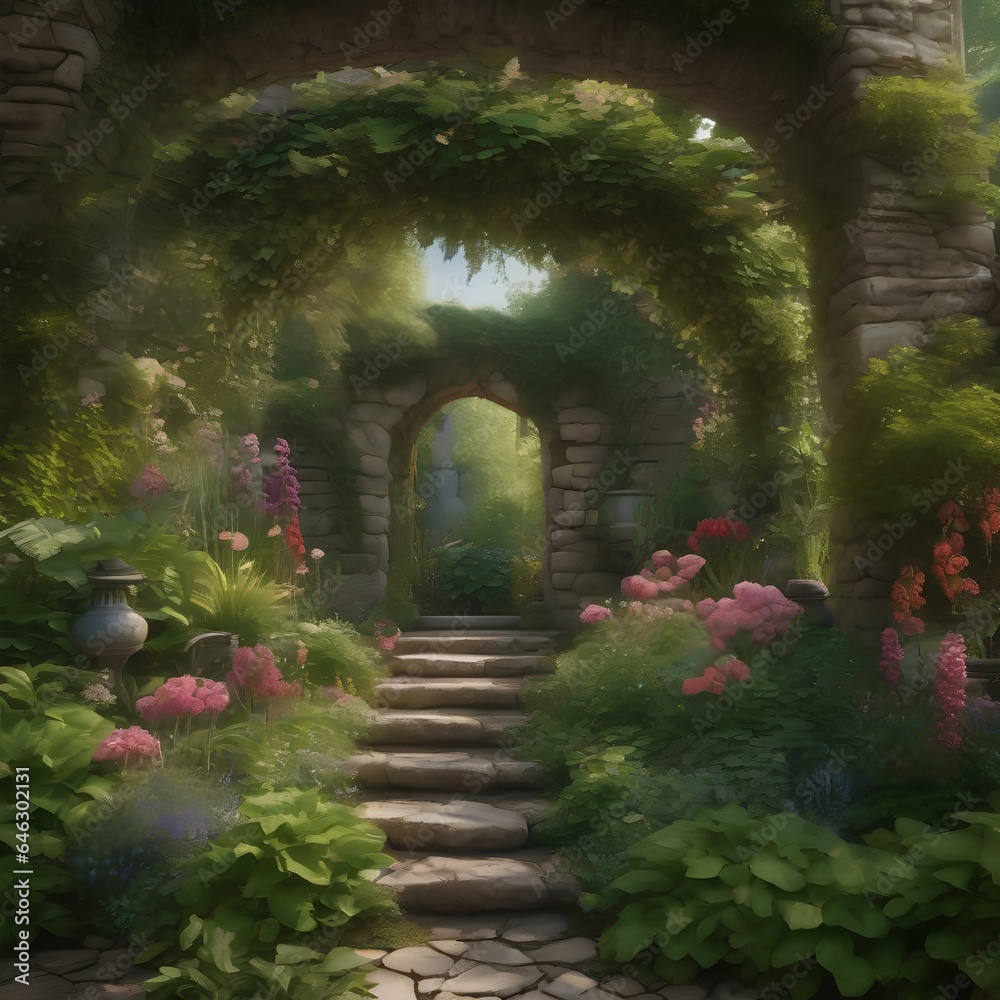 A magical, hidden garden concealed behind an ancient, overgrown stone wall, filled with mythical, rare flowers2