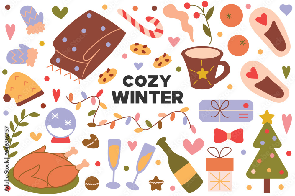 Cozy winter flat cartoon set. The illustration shows bright attributes of winter holidays and things without which it is impossible to create a winter atmosphere. Vector illustration.