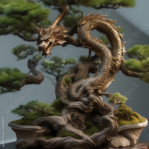 A bonsai tree sculpted to resemble a mythical dragon, with its branches forming intricate scales4