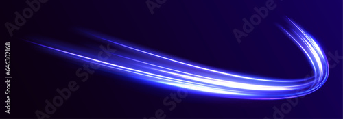 Neon line as speed or arc, turn, twist, bend in light effect. Light arc in neon colors, in the form of a turn and a zigzag. Abstract background in blue, yellow and orange neon colors.
