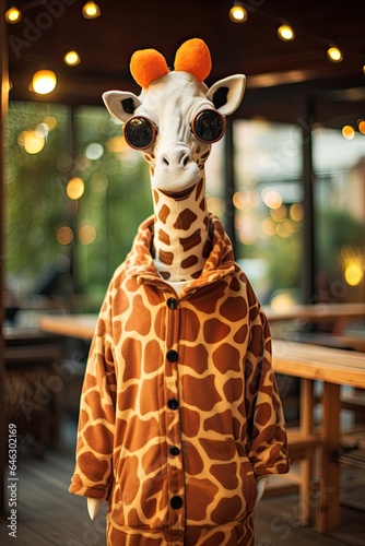 Cute giraffe with Halloween costume. Seasonal party. Generative AI © Gelpi