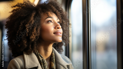 Pensive young African American woman, happily gazing out the window during her morning commute on an urban light rail train, expressing gratitude © Vahid