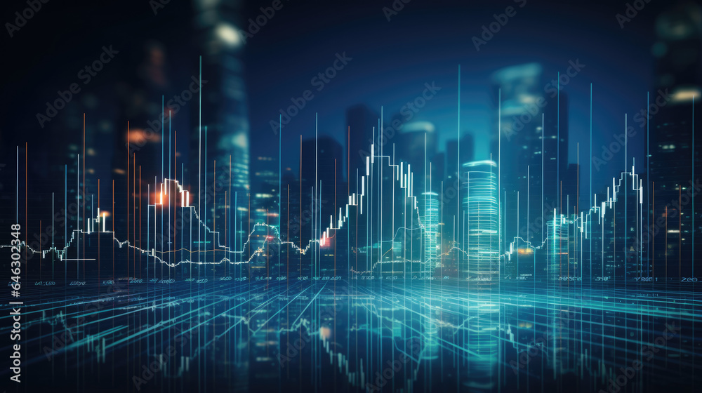 Perspective view of stock market growth, business investing and data concept with digital financial chart graphs, diagrams and indicators on dark blue blurry background.