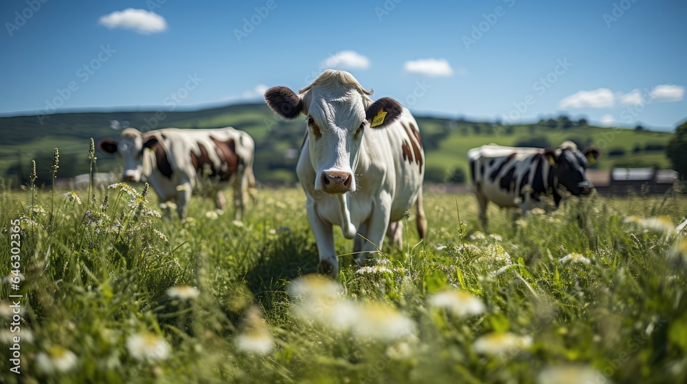 Cows graze in a green field with a cattle farm in the background