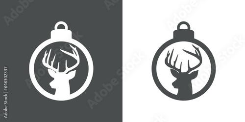 Tiempo de Navidad. Logo con silueta de bola de navidad con cabeza de ciervo o de reno Rudolph para su uso en invitaciones y felicitaciones