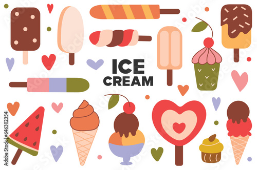 Ice Cream flat cartoon set. An illustrative set with vibrant cartoon design, featuring a mouthwatering assortment of colorful and tasty ice creams. Vector illustration.