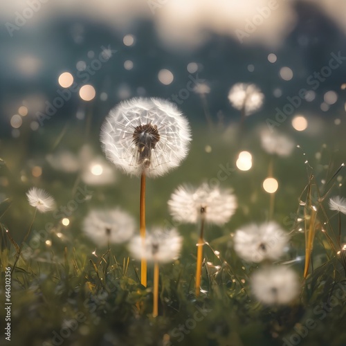 A meadow filled with floating  ethereal dandelion seeds  creating a dreamlike atmosphere2