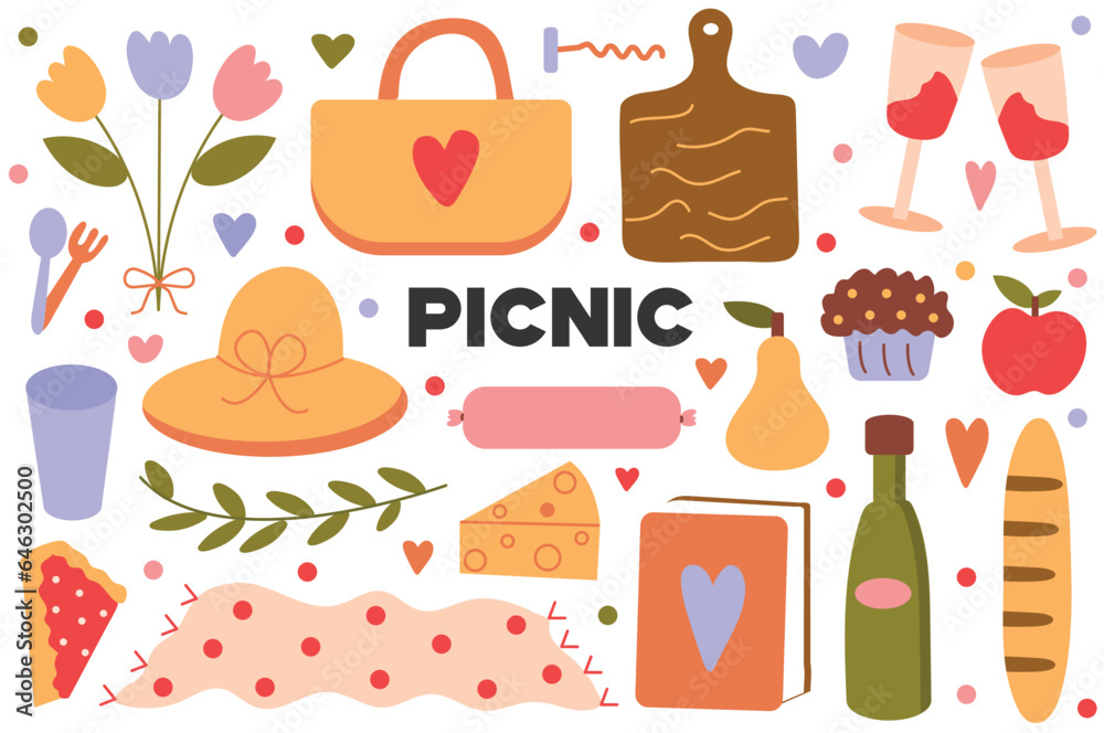 Picnic flat cartoon set. In this picture you can find everything for a successful picnic: delicious food, beautiful dishes, and other elements. Vector illustration. Picnic flat cartoon set. In this picture you can find everything for a successful picnic: delicious food, beautiful dishes, and other elements. Vector illustration.