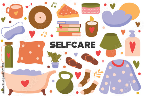 Self care flat cartoon set. This vivid illustration shows the things you need to keep your body beautiful and healthy. Vector illustration.