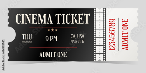 Cinema entry black ticket with white in old style. Admit one	