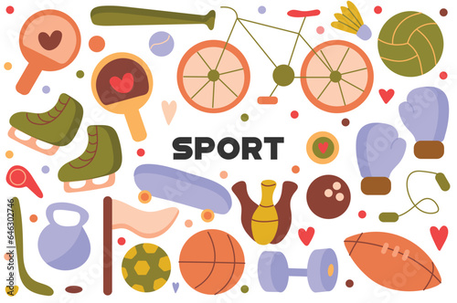 Sport flat cartoon set. This colorful artwork features expertly crafted images of attributes for all sports: football, baseball, skating and others. Vector illustration.