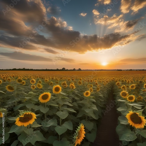 A field of sunflowers bending towards a brilliant, setting sun, creating a breathtaking, golden landscape2 photo