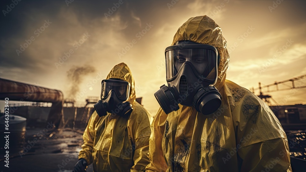Two persons in protective gas mask and yellow suits in seriously infected places Two persons in protective gas mask and yellow suits in seriously infected places