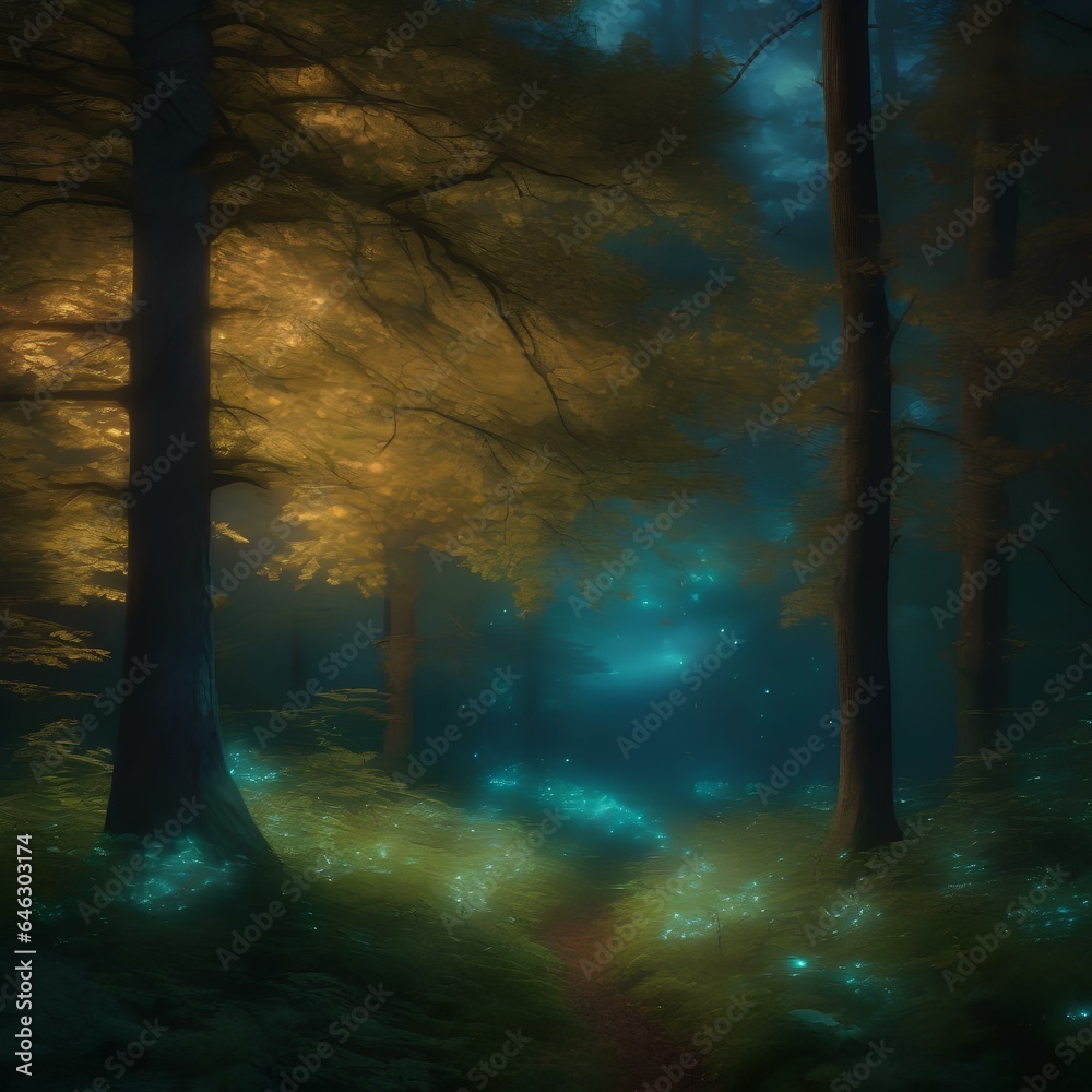 Naklejka premium A forest clearing filled with trees adorned with glowing, bioluminescent leaves1