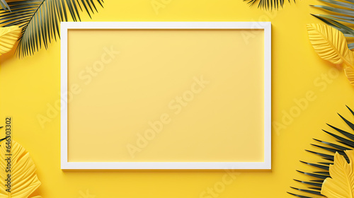 Summer theme with blank yellow paper palm leaves and photo frame on a pastel gray background in a flat lay photo