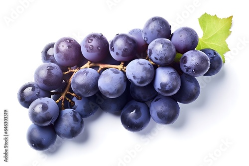 Black grapes with green leaves on white background