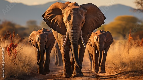 Elephants walk with their companions on the plains against the backdrop of wild nature
