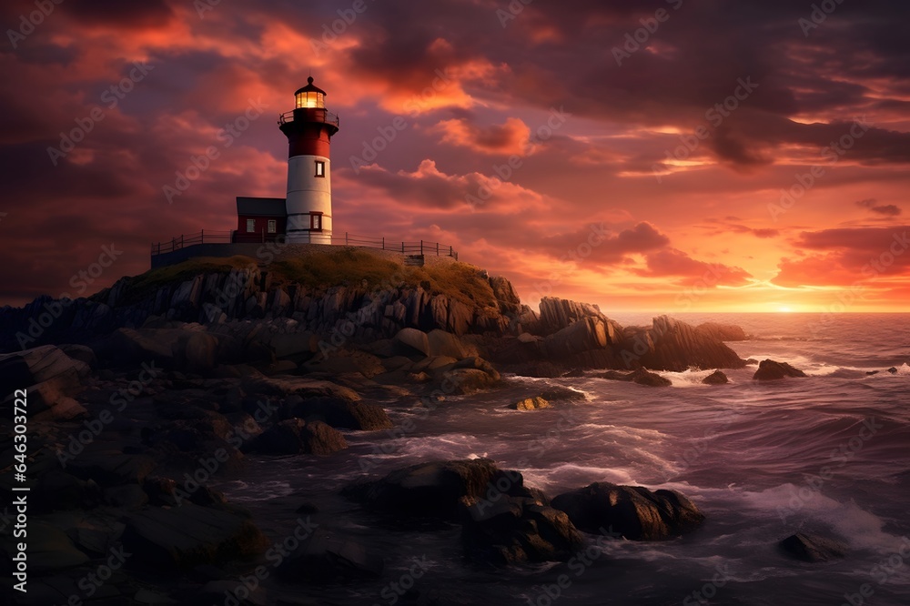 Lighthouse on the sea at sunset