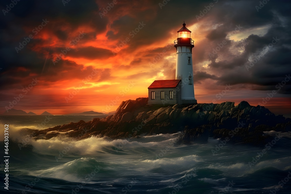 Lighthouse in the sea at sunset