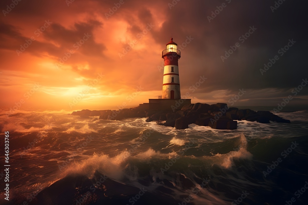 Lighthouse in the sea at sunset