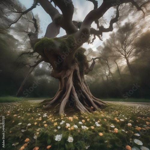 A tree that appears to be growing upside down, its roots reaching towards the sky and blooming with delicate flowers4 photo