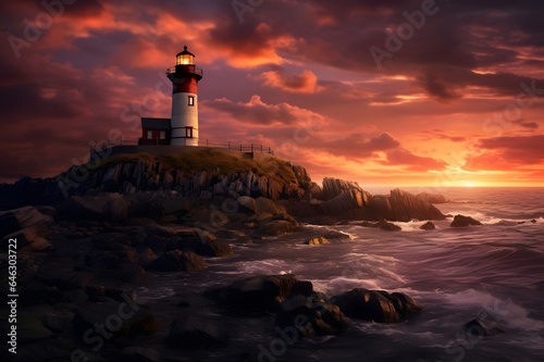 Lighthouse on the sea at sunset