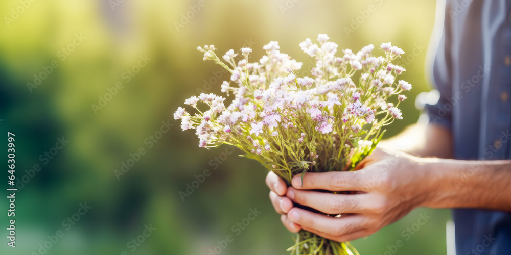 Male hands hold delicate bouquet of wildflowers on blurred garden background. Concept of Women's Day, March 8, Mother's Day, Valentine's Day, love and kindness. Banner size, copy space Male hands hold delicate bouquet of wildflowers on blurred garden background. Concept of Women's Day, March 8, Mother's Day, Valentine's Day, love and kindness. Banner size, copy space