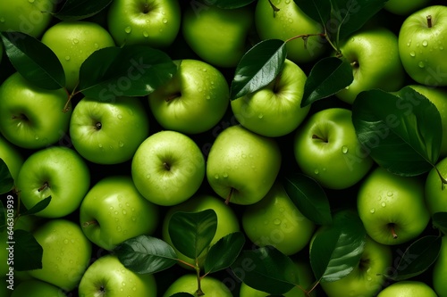 Fresh green apples with leaves as background