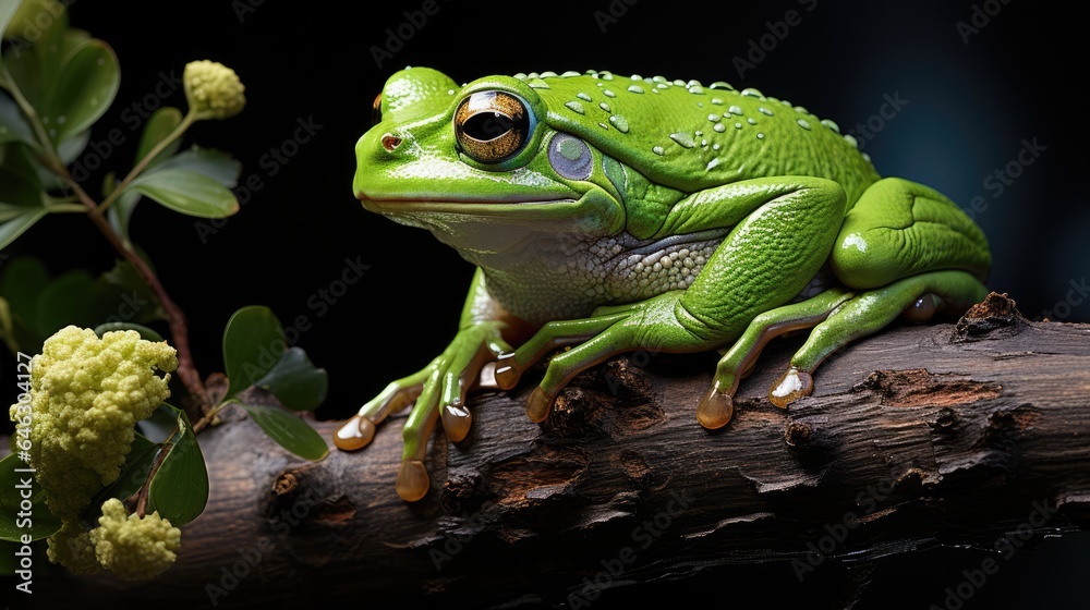 green frog on a twig on a dark background green frog on a twig on a dark background