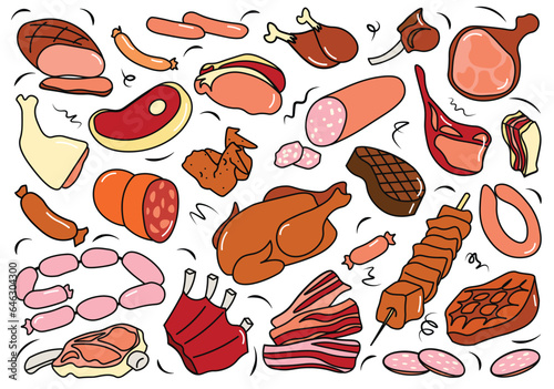 Flat cartoon set of meet products. This set of illustrations showcases a diverse range of meat dishes, each depicted with vibrant and captivating colors. Vector illustration.