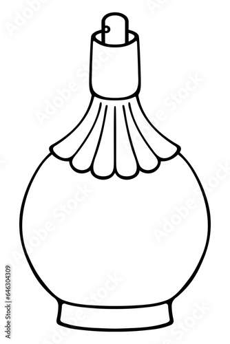Vintage bottle with perfume. Sketch. A pot-bellied glass bottle with a sprayer. Vector illustration. Doodle style. Pear-shaped container with aromatic eau de toilette. Outline on isolated background. 