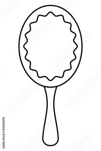 Cosmetic mirror with handle. Sketch. A feminine accessory with a wavy edge. Vector illustration. Doodle style. Outline on isolated background. See your reflection. Beauty enhancement device. 