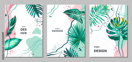 Set of templates with tropical leaves and abstract elements on a white background. Leaves of Monstera, Palm, Alocasia, Philodendron. Group of vertical covers with text. Vector.