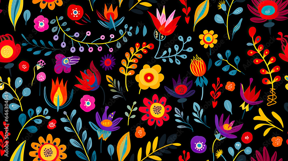Naklejka premium Seamless Colorful floral art collage texture with modern exotic and retro-style colors and shapes. Repeatable texture for wall art, tapestry and art designs.