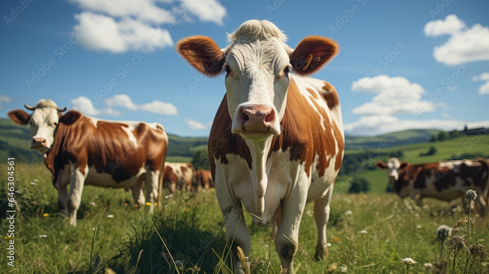 herd of cows in the pasture on a sunny day herd of cows in the pasture on a sunny day