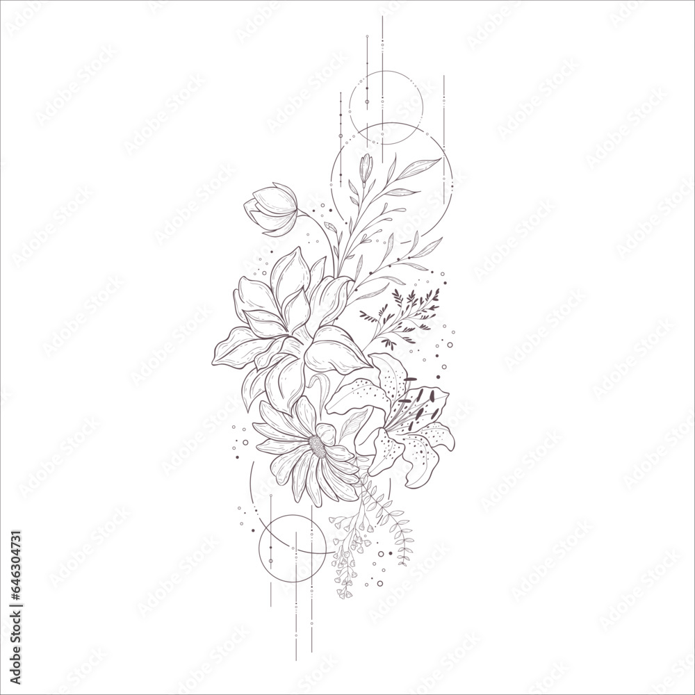 Wedding Bouquet with Begonia. Line Art Illustration.