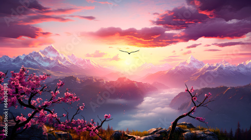 Sunset Inspirational Landscape Bird Motivational Surreal Nature Uplifting Scenic Cherry Blossom Sunrise