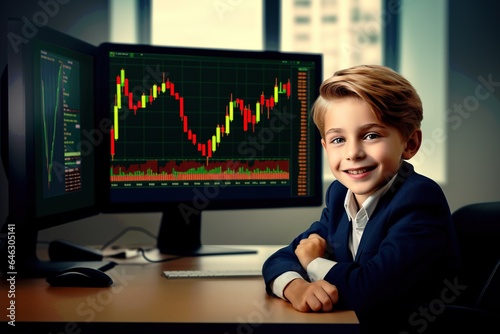 Portrait of a cute little boy in a business suit sitting at the table in front of a monitor with a stock market chart.Generative Ai