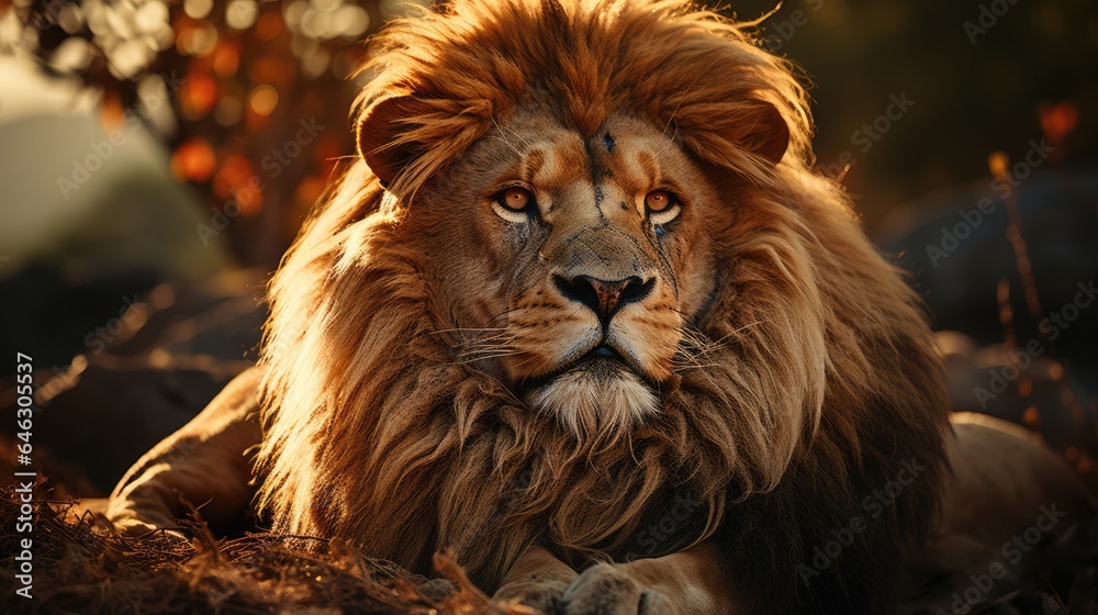 lion lying on the ground and looking to the side, against the background of the rising sun