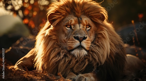 lion lying on the ground and looking to the side, against the background of the rising sun © MBRAMO