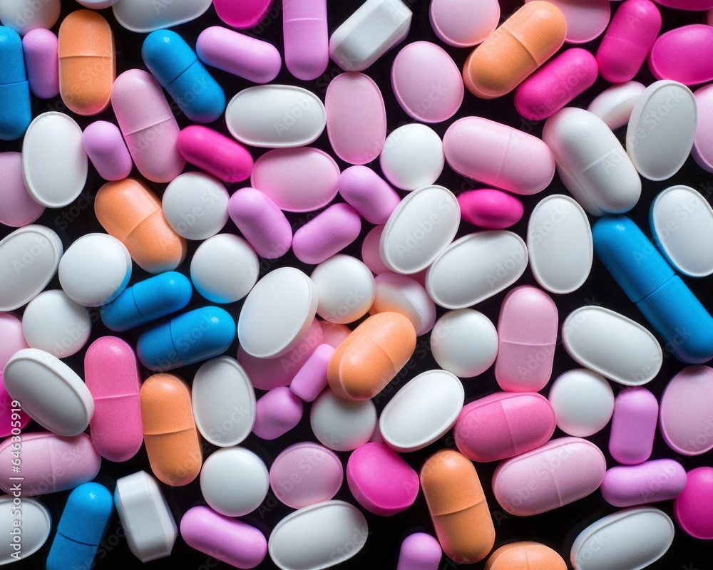 A vibrant array of medicinal pills paints a unique pattern on the dark canvas, invoking a sense of pharmacy-inspired creativity A vibrant array of medicinal pills paints a unique pattern on the dark canvas, invoking a sense of pharmacy-inspired creativity