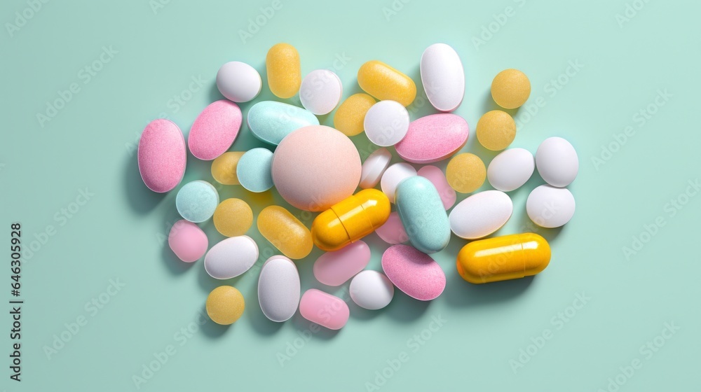 A vibrant pattern of colorful pills and capsules, ranging from pain-relieving analgesics to sweet almond-flavored candies, evoke a kaleidoscope of medicinal and culinary possibilities