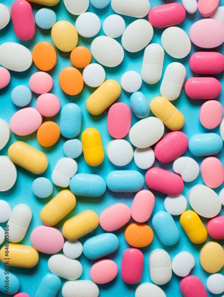 A dazzling array of brightly colored pills create an intriguing pattern on a cool blue surface, inviting viewers to explore the world of drugs, medicine, and confectionery A dazzling array of brightly colored pills create an intriguing pattern on a cool blue surface, inviting viewers to explore the world of drugs, medicine, and confectionery