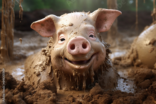 Jeune cochon souriant jouant dans la boue style cartoon caricature » IA générative photo