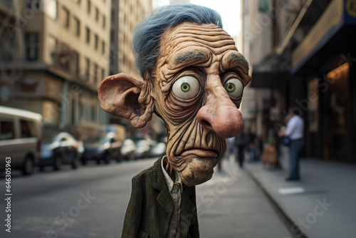 Vieil homme ridé se promenant dans une rue style cartoon caricature » IA générative photo