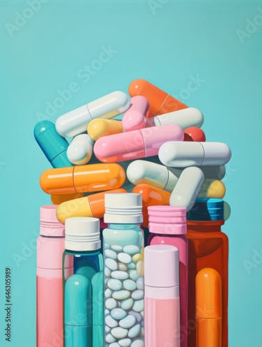 A vibrant array of colorful pills and bottles paints a mesmerizing pattern in the indoor pharmacy, a testament to the power of modern medicine