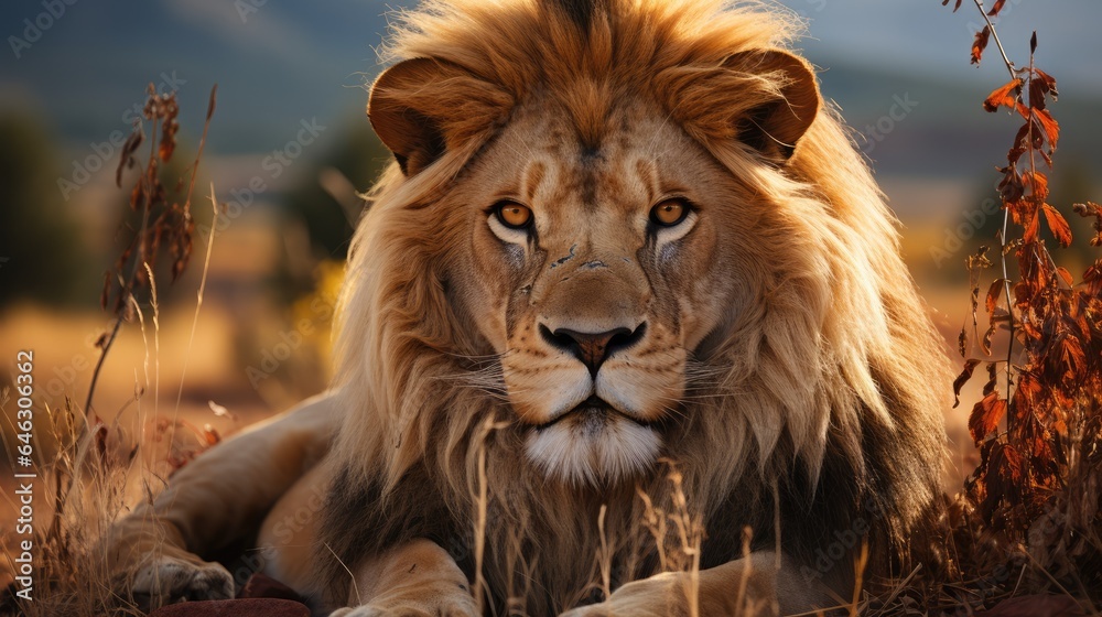 Male lion in the grass. with a mountain background